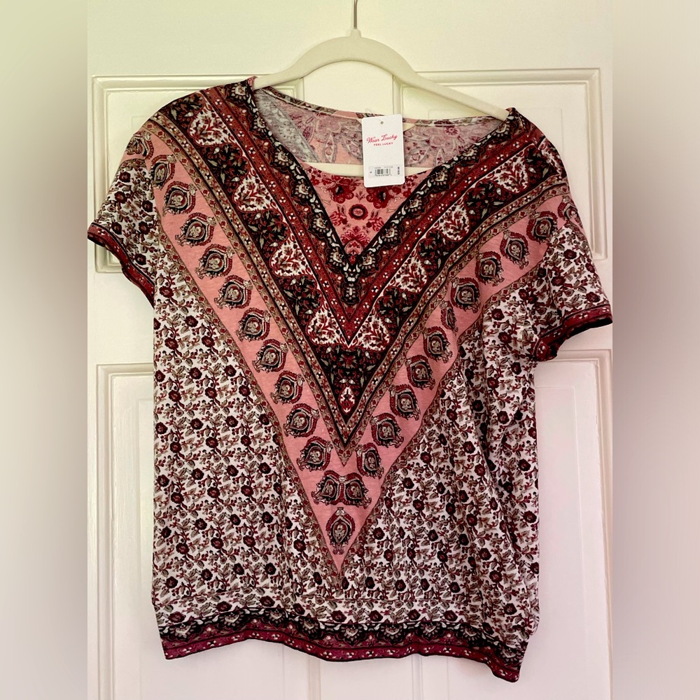 Lucky Brand Black and Pink Graphic Short Sleeve Blouse